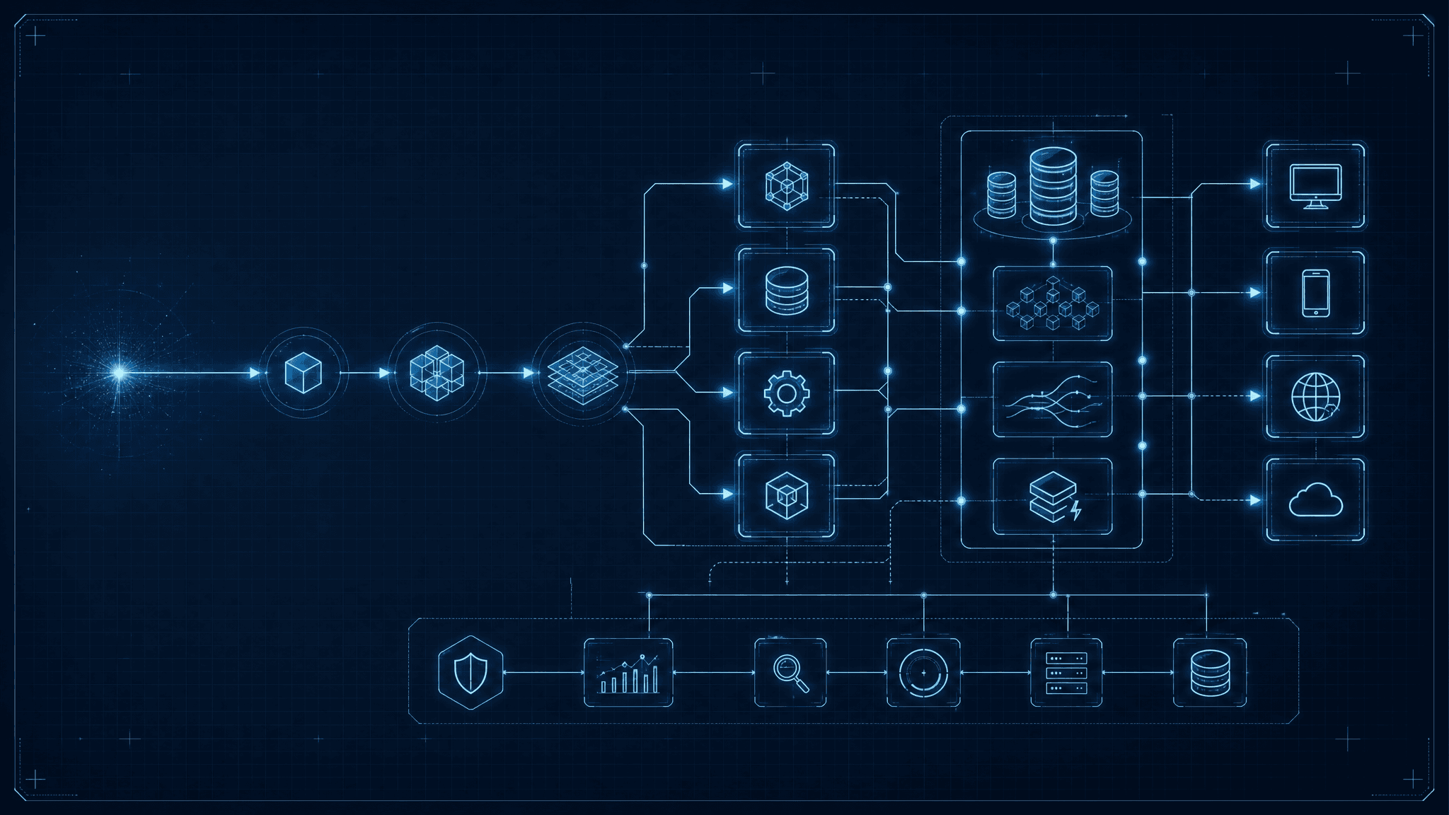 A software architecture blueprint growing from a single idea into connected modules on a schematic canvas