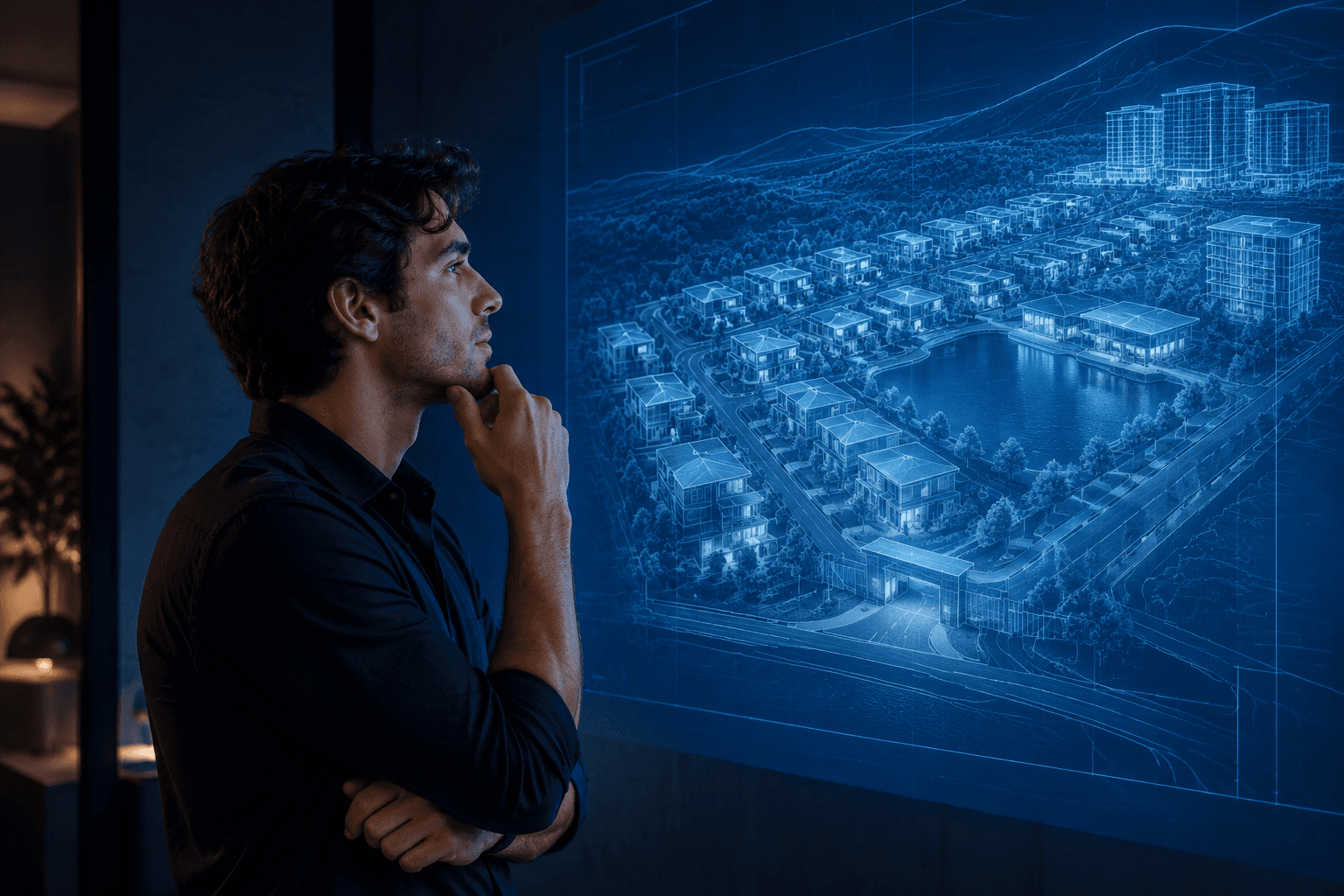 A non-technical founder studying a projected blueprint