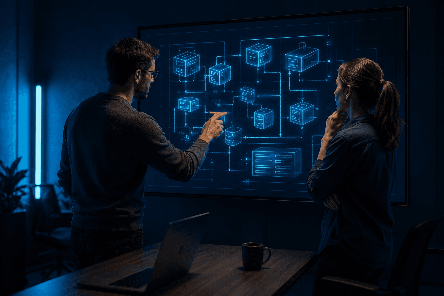 A small team reviewing a generated software architecture diagram on a screen